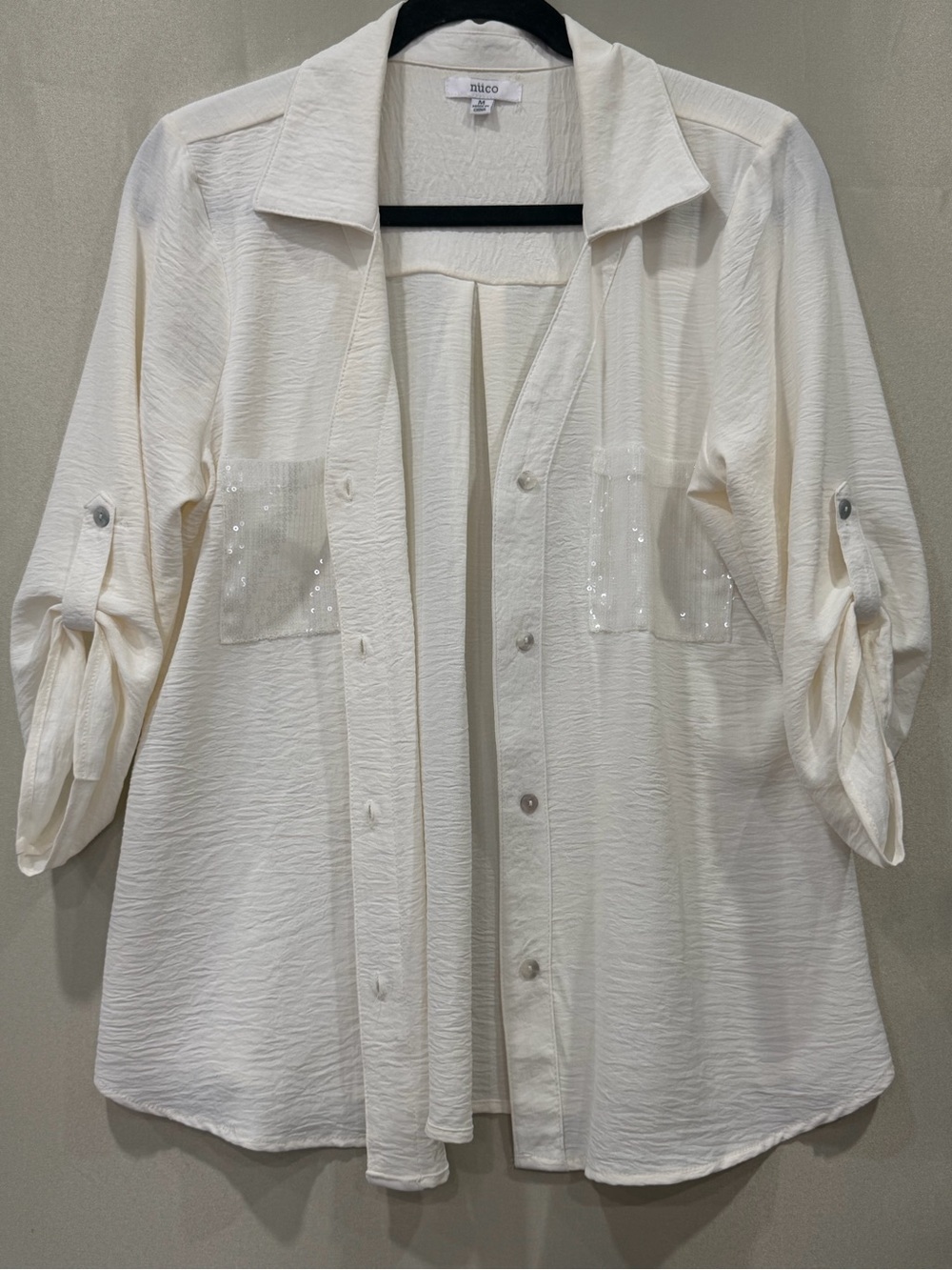 nico White Sequin Pocket Button-Front Blouse size M